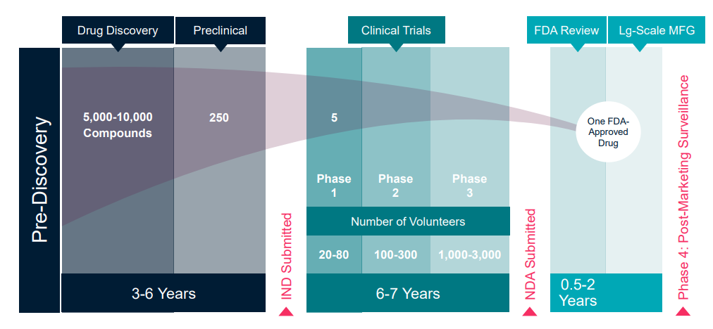 Graphic showing a typical drug development timeline, which takes about 9-15 years to complete.