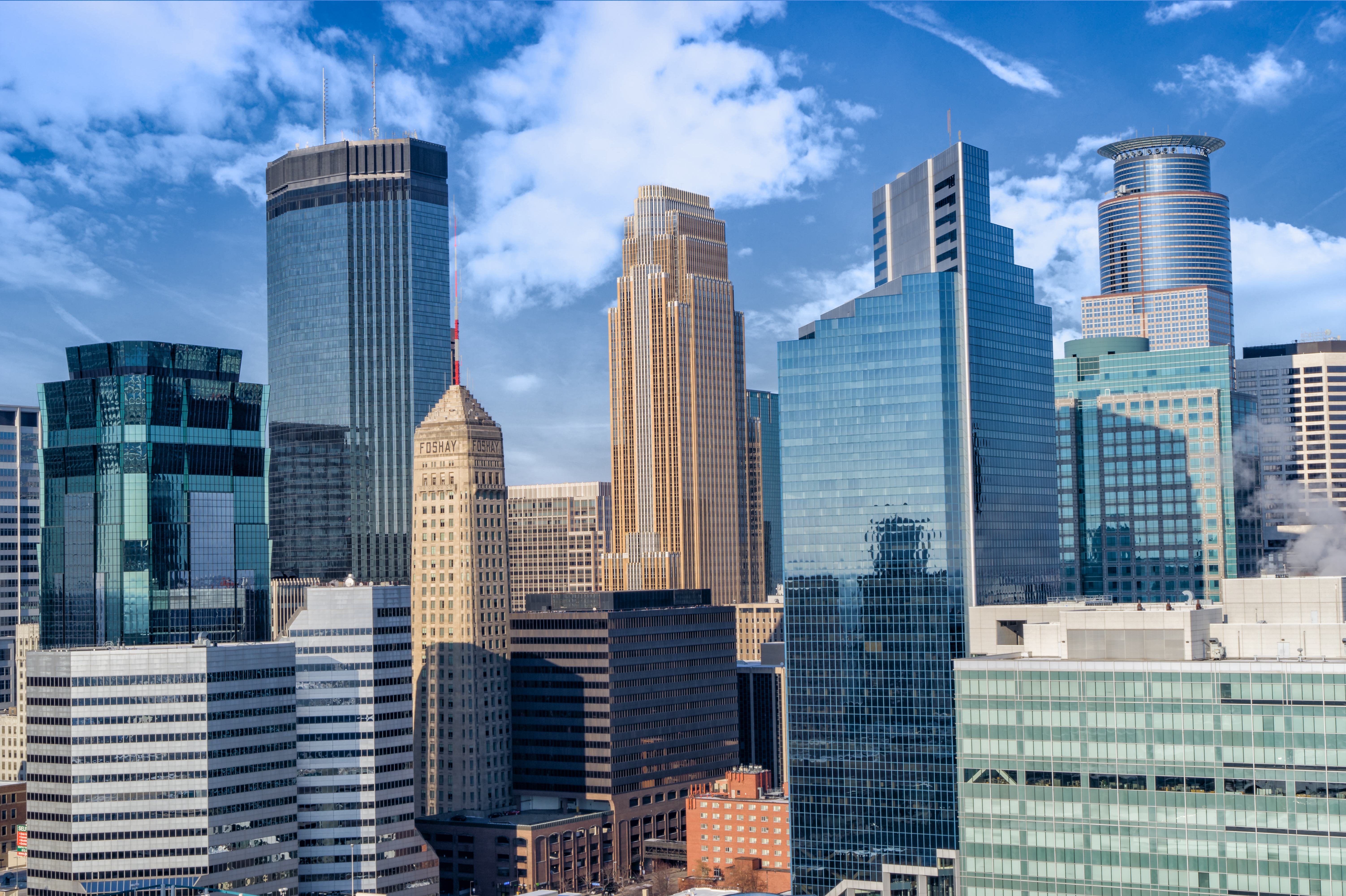 Minneapolis skyline featuring the Foshay Tower, IDS building, Capella Tower and Wells Fargo Building